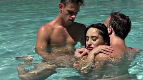 Underwater bisex outdoor 3some with oiled tits babe