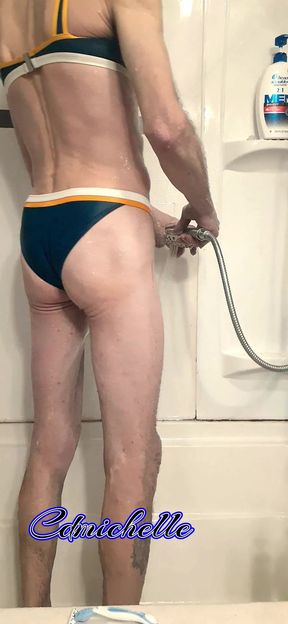 Crossdresser Cdmichell Wearing Blue Two Piece Swimsuit