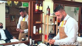 Suited stud Dani Robles dominated by barber Leo La Rosa