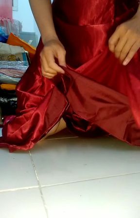 Pulsating Cum Into Red Satin Long Gown