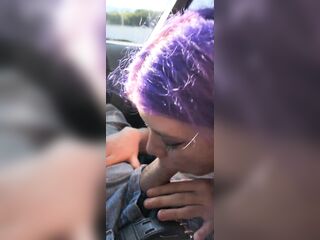 Hawt purple haired girlfriend worships my ramrod in the car