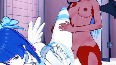 Pale chick gets her tight butt drilled deep and hard by a pale futanari demon chick in a rough anime stocking fetish video