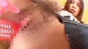 Happy asian  with hairy pussy is swallowing his testicles