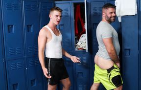 Hairy bear lets young male fuck his ass after a gym session
