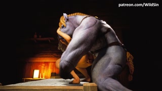 Monster with big horse cock fuck curvy girl in cosy room, blowjob, anal, bukakke