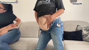 2 Sexy Girls Playing with Bellies and Farting in Jeans