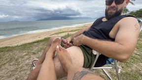 Hand job, wank, masturbation & jerk off on feet in public on the beach 1080p