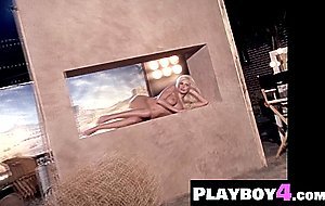 Fantastic blonde model Nikki Leigh exposed big boobs after hot striptease