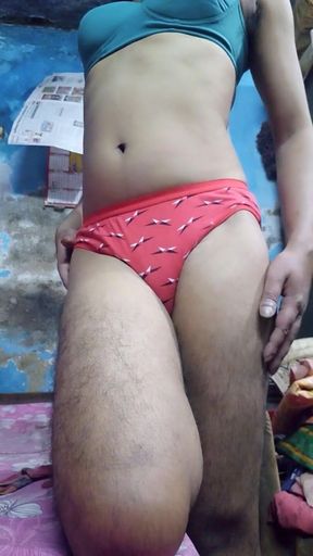 Hairy Indian Boy Wearing His Step Sister's Bra and Panty