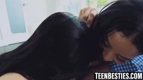 Two teens share big dick in car wash threesome