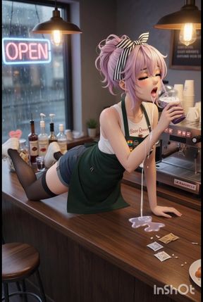 Hot sexy tiny barista is waiting for her customer, mastubrating