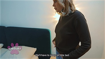 Oops... Step son accidentally cum in step mom after fucked step sister Polly Yangs in shared bed at night in hotel room