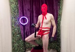 Solo Masturbation With Kinky Red Harness And Cock Squirting