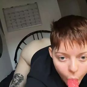 Trans boy alexander sucks pink dildo while showing off ass