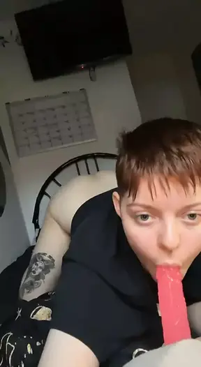 Trans boy alexander sucks pink dildo while showing off ass