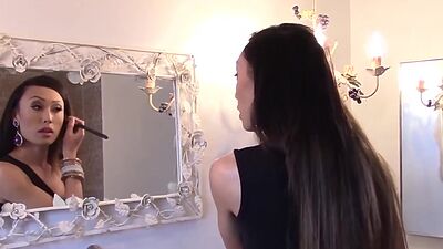 Lascivious shemale does makeup before masturbation