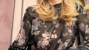 Trying my new sheer blouse in a caffe, showing my hard pierced nipples in public.