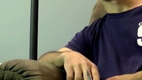 Hairy amateur gay dude smokes and strokes his cock solo
