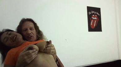 Thai babe’s huge tits gag on cock between berries licking screams