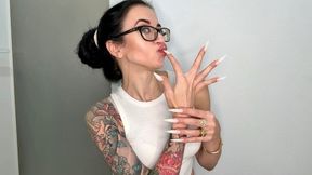 Finger snapping and sucking, HOT WHITE color long nails, sharp claws
