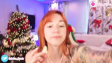 Cute red head teases with strawberry drip in chocolate mess