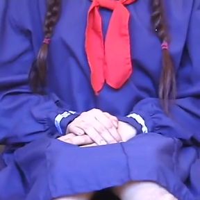 Asian babe pussy fucking big dick sucking in a college uniform...cum in mouth