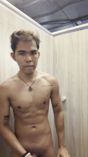 Asian twink jacks it in gym shower