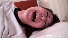 Hot babe in a skirt gets pleasured and fucked in bed before a juicy creampie