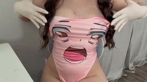 Indian Step Sister Plays with Her Breasts in Medical Gloves