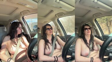 Thick exhibitionist brunette masturbates in her car on a long road trip