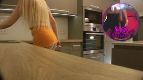 Hot Sexy Long Legs Beauty Cute Blonde College Girl in a Very Short Skirt to Flash Her Ass and Pussy in the Kitchen