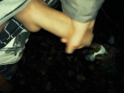 Middle eastern twink with big dick cums on used condoms at public