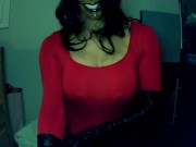 Forever Smiles Pt1! Masked in a masked female mask a very happy girl puts on her leather gloves!