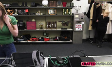 Lady in green is fucked hard in a pawnshop by the owner