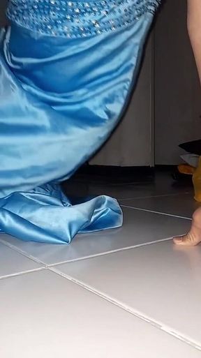 Crossdresser Masturbate and Cum Wearing Satin Blue Bridal Gown