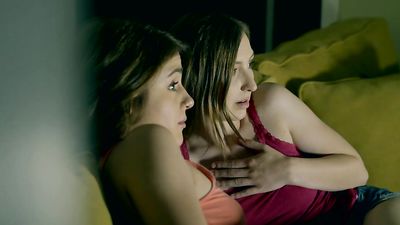 Dude puts on Halloween mask and fucks his hot stepsister and her BFF