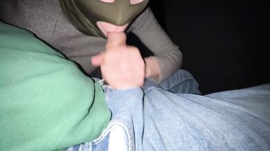 Masked stranger gets a public blowjob in the car with cum in condom