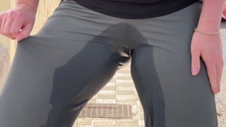 girl pees in pants on balcony Cap D'Agde and on street public