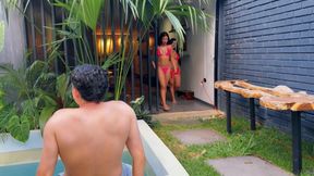 We Try to Be Alone in the Pool with My Friend but We End up Fucking My Roommate Nerd, Unexpected Threesome