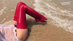 859 Shiny Red Spandex Stockings on the Beach 2