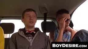 BoyDesire.com - Horny studs' hot threesome fuck in a tight car space