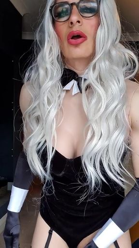 Blonde Bunny - Satin opera gloves, fishnet stockings, heels and suspenders