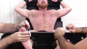 Bushy gay dude Red gets tied down & tickled on the chair