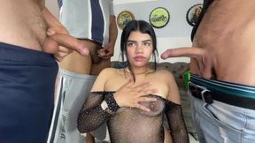 Petite Colombian MILF gets double penetrated and jizzed on her face