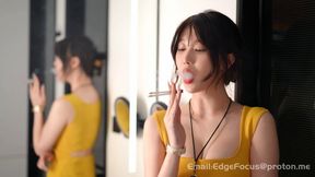 Gorgeous Brunette in Yellow Dress Lighting Up & Exhaling Thick Smoke — QI1 4K