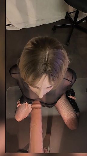 POV Cock Sucking, Deepthroat Blonde in Boots, Fishnets, Corset and Red Pvc Suit