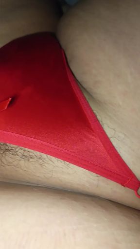 Wife's Sexy Red Thong Full of Cum!