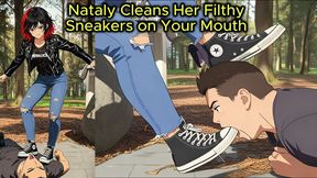 Outdoor Foot Gagging - Nataly Cleans Her Filthy Converse Sneakers on Your Mouth