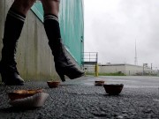 Giant Black Boots Crushing Custard