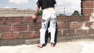 she likes to pissing inside her jeans. and she doesn't care who sees her
